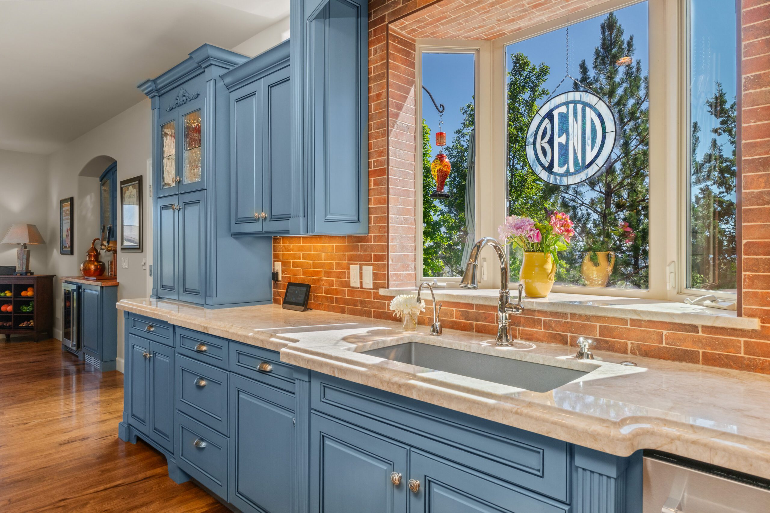 Custom blue kitchen cabinetry in a luxury Bend, Oregon home